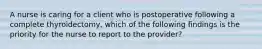 A nurse is caring for a client who is postoperative following a complete thyroidectomy, which of the following findings is the priority for the nurse to report to the provider?