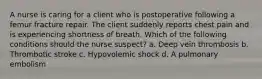 A nurse is caring for a client who is postoperative following a femur fracture repair. The client suddenly reports chest pain and is experiencing shortness of breath. Which of the following conditions should the nurse suspect? a. Deep vein thrombosis b. Thrombotic stroke c. Hypovolemic shock d. A pulmonary embolism