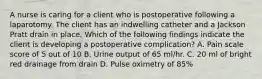 A nurse is caring for a client who is postoperative following a laparotomy. The client has an indwelling catheter and a Jackson Pratt drain in place. Which of the following findings indicate the client is developing a postoperative complication? A. Pain scale score of 5 out of 10 B. Urine output of 65 ml/hr. C. 20 ml of bright red drainage from drain D. Pulse oximetry of 85%