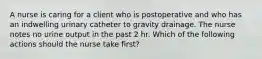 A nurse is caring for a client who is postoperative and who has an indwelling urinary catheter to gravity drainage. The nurse notes no urine output in the past 2 hr. Which of the following actions should the nurse take first?