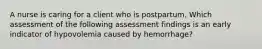 A nurse is caring for a client who is postpartum. Which assessment of the following assessment findings is an early indicator of hypovolemia caused by hemorrhage?