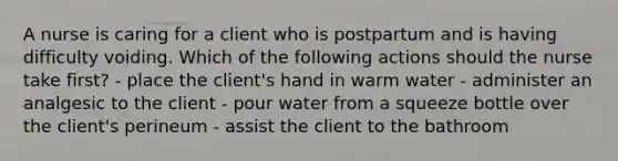 A nurse is caring for a client who is postpartum and is having difficulty voiding. Which of the following actions should the nurse take first? - place the client's hand in warm water - administer an analgesic to the client - pour water from a squeeze bottle over the client's perineum - assist the client to the bathroom