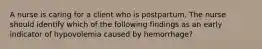 A nurse is caring for a client who is postpartum. The nurse should identify which of the following findings as an early indicator of hypovolemia caused by hemorrhage?