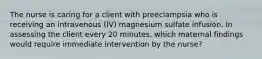 The nurse is caring for a client with preeclampsia who is receiving an intravenous (IV) magnesium sulfate infusion. In assessing the client every 20 minutes, which maternal findings would require immediate intervention by the nurse?