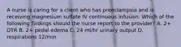 A nurse is caring for a client who has preeclampsia and is receiving magnesium sulfate IV continuous infusion. Which of the following findings should the nurse report to the provider? A. 2+ DTR B. 2+ pedal edema C. 24 ml/hr urinary output D. respirations 12/min