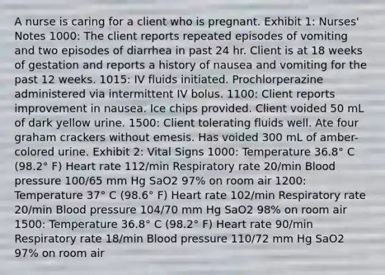 A nurse is caring for a client who is pregnant. Exhibit 1: Nurses' Notes 1000: The client reports repeated episodes of vomiting and two episodes of diarrhea in past 24 hr. Client is at 18 weeks of gestation and reports a history of nausea and vomiting for the past 12 weeks. 1015: IV fluids initiated. Prochlorperazine administered via intermittent IV bolus. 1100: Client reports improvement in nausea. Ice chips provided. Client voided 50 mL of dark yellow urine. 1500: Client tolerating fluids well. Ate four graham crackers without emesis. Has voided 300 mL of amber-colored urine. Exhibit 2: Vital Signs 1000: Temperature 36.8° C (98.2° F) Heart rate 112/min Respiratory rate 20/min Blood pressure 100/65 mm Hg SaO2​ 97% on room air 1200: Temperature 37° C (98.6° F) Heart rate 102/min Respiratory rate 20/min Blood pressure 104/70 mm Hg SaO2 98% on room air 1500: Temperature 36.8° C (98.2° F) Heart rate 90/min Respiratory rate 18/min Blood pressure 110/72 mm Hg SaO2​ 97% on room air