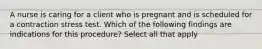 A nurse is caring for a client who is pregnant and is scheduled for a contraction stress test. Which of the following findings are indications for this procedure? Select all that apply