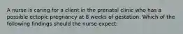 A nurse is caring for a client in the prenatal clinic who has a possible ectopic pregnancy at 8 weeks of gestation. Which of the following findings should the nurse expect: