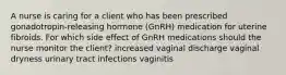 A nurse is caring for a client who has been prescribed gonadotropin-releasing hormone (GnRH) medication for uterine fibroids. For which side effect of GnRH medications should the nurse monitor the client? increased vaginal discharge vaginal dryness urinary tract infections vaginitis