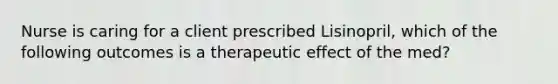 Nurse is caring for a client prescribed Lisinopril, which of the following outcomes is a therapeutic effect of the med?