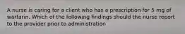 A nurse is caring for a client who has a prescription for 5 mg of warfarin. Which of the following findings should the nurse report to the provider prior to administration