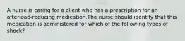 A nurse is caring for a client who has a prescription for an afterload‐reducing medication.The nurse should identify that this medication is administered for which of the following types of shock?