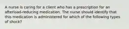 A nurse is caring for a client who has a prescription for an afterload‐reducing medication. The nurse should identify that this medication is administered for which of the following types of shock?