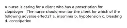 A nurse is caring for a client who has a prescription for clopidogrel. The nurse should monitor the client for which of the following adverse effects? a. insomnia b. hypotension c. bleeding d. constipation