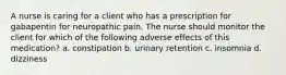 A nurse is caring for a client who has a prescription for gabapentin for neuropathic pain. The nurse should monitor the client for which of the following adverse effects of this medication? a. constipation b. urinary retention c. insomnia d. dizziness