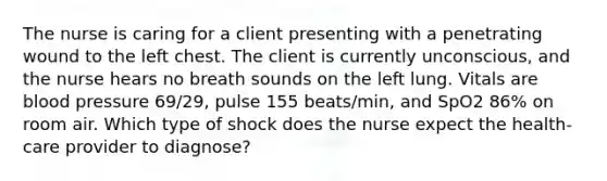 The nurse is caring for a client presenting with a penetrating wound to the left chest. The client is currently unconscious, and the nurse hears no breath sounds on the left lung. Vitals are blood pressure 69/29, pulse 155 beats/min, and SpO2 86% on room air. Which type of shock does the nurse expect the health-care provider to diagnose?