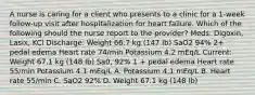 A nurse is caring for a client who presents to a clinic for a 1-week follow-up visit after hospitalization for heart failure. Which of the following should the nurse report to the provider? Meds: Digoxin, Lasix, KCl Discharge: Weight 66.7 kg (147 Ib) SaO2 94% 2+ pedal edema Heart rate 74/min Potassium 4.2 mEq/L Current: Weight 67.1 kg (148 Ib) Sa0, 92% 1 + pedal edema Heart rate 55/min Potassium 4.1 mEq/L A. Potassium 4.1 mEq/L B. Heart rate 55/min C. SaO2 92% D. Weight 67.1 kg (148 lb)