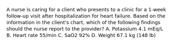 A nurse is caring for a client who presents to a clinic for a 1-week follow-up visit after hospitalization for heart failure. Based on the information in the client's chart, which of the following findings should the nurse report to the provider? A. Potassium 4.1 mEq/L B. Heart rate 55/min C. SaO2 92% D. Weight 67.1 kg (148 lb)