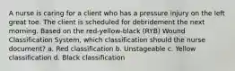 A nurse is caring for a client who has a pressure injury on the left great toe. The client is scheduled for debridement the next morning. Based on the red-yellow-black (RYB) Wound Classification System, which classification should the nurse document? a. Red classification b. Unstageable c. Yellow classification d. Black classification