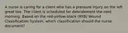 A nurse is caring for a client who has a pressure injury on the left great toe. The client is scheduled for debridement the next morning. Based on the red-yellow-black (RYB) Wound Classification System, which classification should the nurse document?