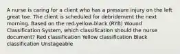 A nurse is caring for a client who has a pressure injury on the left great toe. The client is scheduled for debridement the next morning. Based on the red-yellow-black (RYB) Wound Classification System, which classification should the nurse document? Red classification Yellow classification Black classification Unstageable