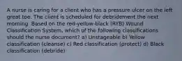 A nurse is caring for a client who has a pressure ulcer on the left great toe. The client is scheduled for debridement the next morning. Based on the red-yellow-black (RYB) Wound Classification System, which of the following classifications should the nurse document? a) Unstageable b) Yellow classification (cleanse) c) Red classification (protect) d) Black classification (debride)