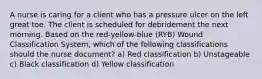 A nurse is caring for a client who has a pressure ulcer on the left great toe. The client is scheduled for debridement the next morning. Based on the red-yellow-blue (RYB) Wound Classification System, which of the following classifications should the nurse document? a) Red classification b) Unstageable c) Black classification d) Yellow classification