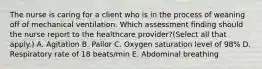 The nurse is caring for a client who is in the process of weaning off of mechanical ventilation. Which assessment finding should the nurse report to the healthcare​ provider?(Select all that​ apply.) A. Agitation B. Pallor C. Oxygen saturation level of​ 98% D. Respiratory rate of 18​ beats/min E. Abdominal breathing