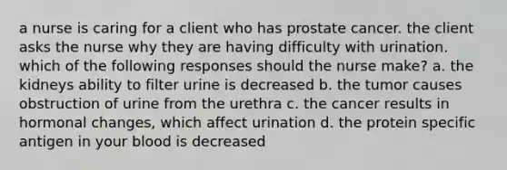 a nurse is caring for a client who has prostate cancer. the client asks the nurse why they are having difficulty with urination. which of the following responses should the nurse make? a. the kidneys ability to filter urine is decreased b. the tumor causes obstruction of urine from the urethra c. the cancer results in hormonal changes, which affect urination d. the protein specific antigen in your blood is decreased