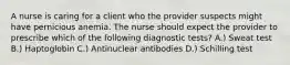 A nurse is caring for a client who the provider suspects might have pernicious anemia. The nurse should expect the provider to prescribe which of the following diagnostic tests? A.) Sweat test B.) Haptoglobin C.) Antinuclear antibodies D.) Schilling test