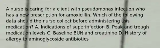 A nurse is caring for a client with pseudomonas infection who has a new prescription for amoxicillin. Which of the following data should the nurse collect before administering this medication? A. Indications of superinfection B. Peak and trough medication levels C. Baseline BUN and creatinine D. History of allergy to aminoglycoside antibiotics