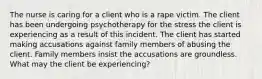 The nurse is caring for a client who is a rape victim. The client has been undergoing psychotherapy for the stress the client is experiencing as a result of this incident. The client has started making accusations against family members of abusing the client. Family members insist the accusations are groundless. What may the client be experiencing?