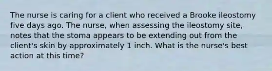 The nurse is caring for a client who received a Brooke ileostomy five days ago. The nurse, when assessing the ileostomy site, notes that the stoma appears to be extending out from the client's skin by approximately 1 inch. What is the nurse's best action at this time?