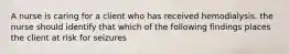 A nurse is caring for a client who has received hemodialysis. the nurse should identify that which of the following findings places the client at risk for seizures