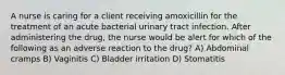 A nurse is caring for a client receiving amoxicillin for the treatment of an acute bacterial urinary tract infection. After administering the drug, the nurse would be alert for which of the following as an adverse reaction to the drug? A) Abdominal cramps B) Vaginitis C) Bladder irritation D) Stomatitis