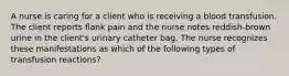 A nurse is caring for a client who is receiving a blood transfusion. The client reports flank pain and the nurse notes reddish-brown urine in the client's urinary catheter bag. The nurse recognizes these manifestations as which of the following types of transfusion reactions?