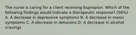 The nurse is caring for a client receiving bupropion. Which of the following findings would indicate a therapeutic response? (56%) A. A decrease in depressive symptoms B. A decrease in manic symptoms C. A decrease in delusions D. A decrease in alcohol cravings