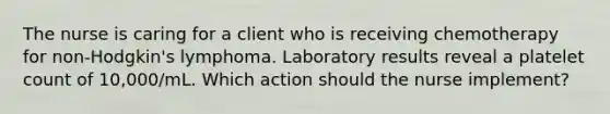 The nurse is caring for a client who is receiving chemotherapy for non-Hodgkin's lymphoma. Laboratory results reveal a platelet count of 10,000/mL. Which action should the nurse implement?