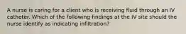 A nurse is caring for a client who is receiving fluid through an IV catheter. Which of the following findings at the IV site should the nurse identify as indicating infiltration?