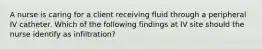 A nurse is caring for a client receiving fluid through a peripheral IV catheter. Which of the following findings at IV site should the nurse identify as infiltration?