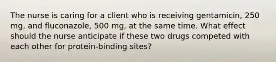 The nurse is caring for a client who is receiving gentamicin, 250 mg, and fluconazole, 500 mg, at the same time. What effect should the nurse anticipate if these two drugs competed with each other for protein-binding sites?