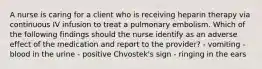 A nurse is caring for a client who is receiving heparin therapy via continuous IV infusion to treat a pulmonary embolism. Which of the following findings should the nurse identify as an adverse effect of the medication and report to the provider? - vomiting - blood in the urine - positive Chvostek's sign - ringing in the ears