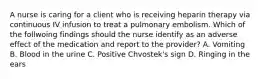 A nurse is caring for a client who is receiving heparin therapy via continuous IV infusion to treat a pulmonary embolism. Which of the follwoing findings should the nurse identify as an adverse effect of the medication and report to the provider? A. Vomiting B. Blood in the urine C. Positive Chvostek's sign D. Ringing in the ears