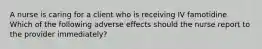 A nurse is caring for a client who is receiving IV famotidine. Which of the following adverse effects should the nurse report to the provider immediately?