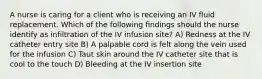 A nurse is caring for a client who is receiving an IV fluid replacement. Which of the following findings should the nurse identify as infiltration of the IV infusion site? A) Redness at the IV catheter entry site B) A palpable cord is felt along the vein used for the infusion C) Taut skin around the IV catheter site that is cool to the touch D) Bleeding at the IV insertion site