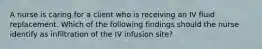 A nurse is caring for a client who is receiving an IV fluid replacement. Which of the following findings should the nurse identify as infiltration of the IV infusion site?