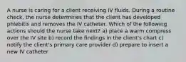 A nurse is caring for a client receiving IV fluids. During a routine check, the nurse determines that the client has developed phlebitis and removes the IV catheter. Which of the following actions should the nurse take next? a) place a warm compress over the IV site b) record the findings in the client's chart c) notify the client's primary care provider d) prepare to insert a new IV catheter