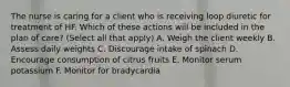 The nurse is caring for a client who is receiving loop diuretic for treatment of HF. Which of these actions will be included in the plan of care? (Select all that apply) A. Weigh the client weekly B. Assess daily weights C. Discourage intake of spinach D. Encourage consumption of citrus fruits E. Monitor serum potassium F. Monitor for bradycardia