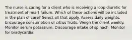 The nurse is caring for a client who is receiving a loop diuretic for treatment of heart failure. Which of these actions will be included in the plan of care? Select all that apply. Assess daily weights. Encourage consumption of citrus fruits. Weigh the client weekly. Monitor serum potassium. Discourage intake of spinach. Monitor for bradycardia.