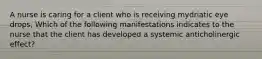 A nurse is caring for a client who is receiving mydriatic eye drops, Which of the following manifestations indicates to the nurse that the client has developed a systemic anticholinergic effect?